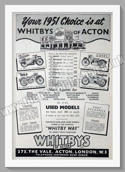 Whitbys Of Acton Motorcycle Dealer. Original Advert 1951 (ref AD57450)