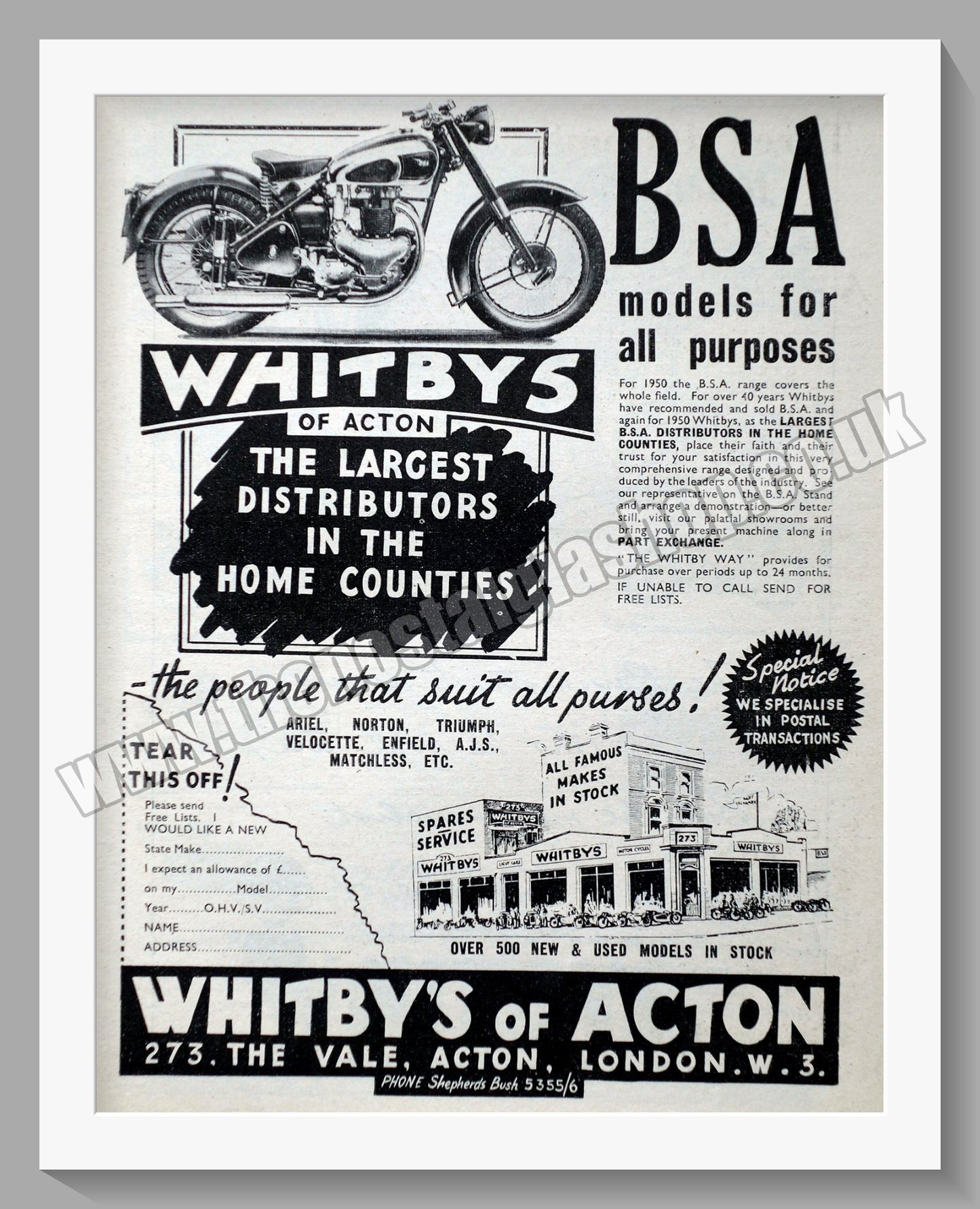 Whitbys Of Acton Motorcycle Dealer. Original Advert 1949 (ref AD57451)