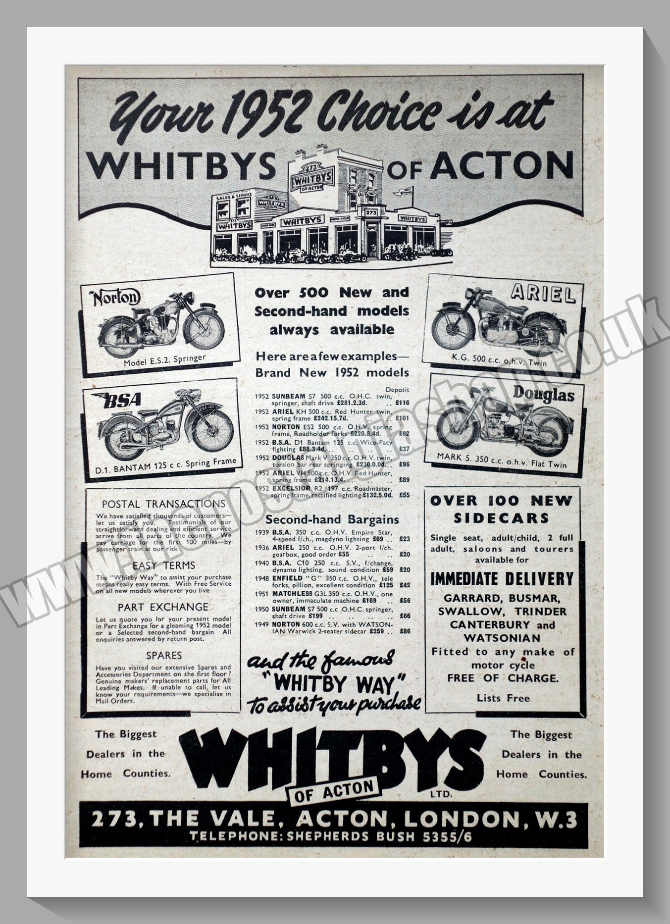 Whitbys Of Acton Motorcycle Dealer. Original Advert 1952 (ref AD57453)