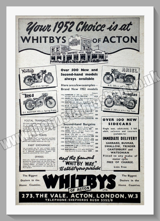 Whitbys Of Acton Motorcycle Dealer. Original Advert 1952 (ref AD57453)