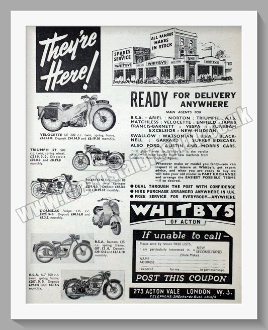 Whitbys Of Acton Motorcycle Dealer. Original Advert 1953 (ref AD57455)