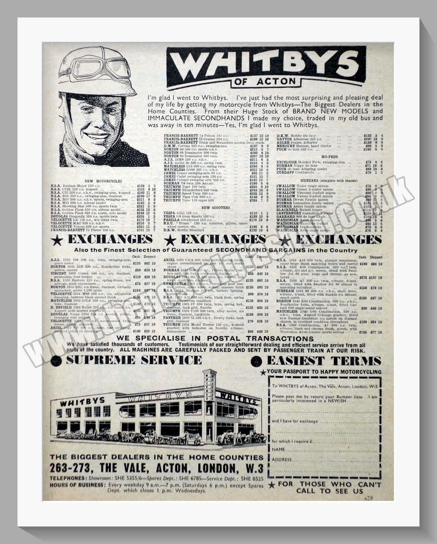 Whitbys Of Acton Motorcycle Dealer. Original Advert 1956 (ref AD57456)