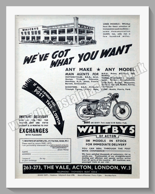 Whitbys Of Acton Motorcycle Dealer. Original Advert 1958 (ref AD57457)
