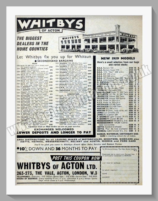 Whitbys Of Acton Motorcycle Dealer. Original Advert 1959 (ref AD57459)