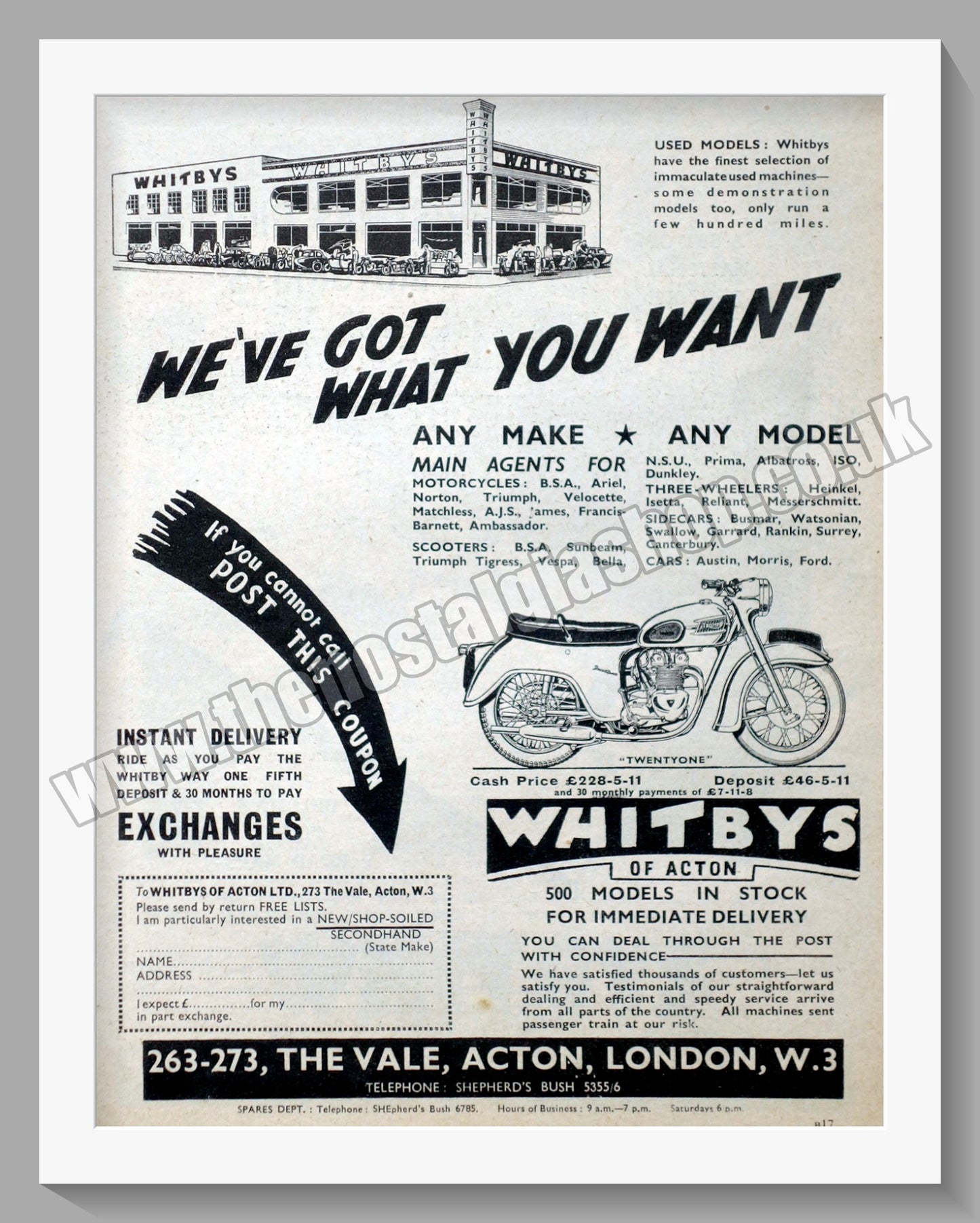Whitbys Of Acton Motorcycle Dealer. Original Advert 1958 (ref AD57460)