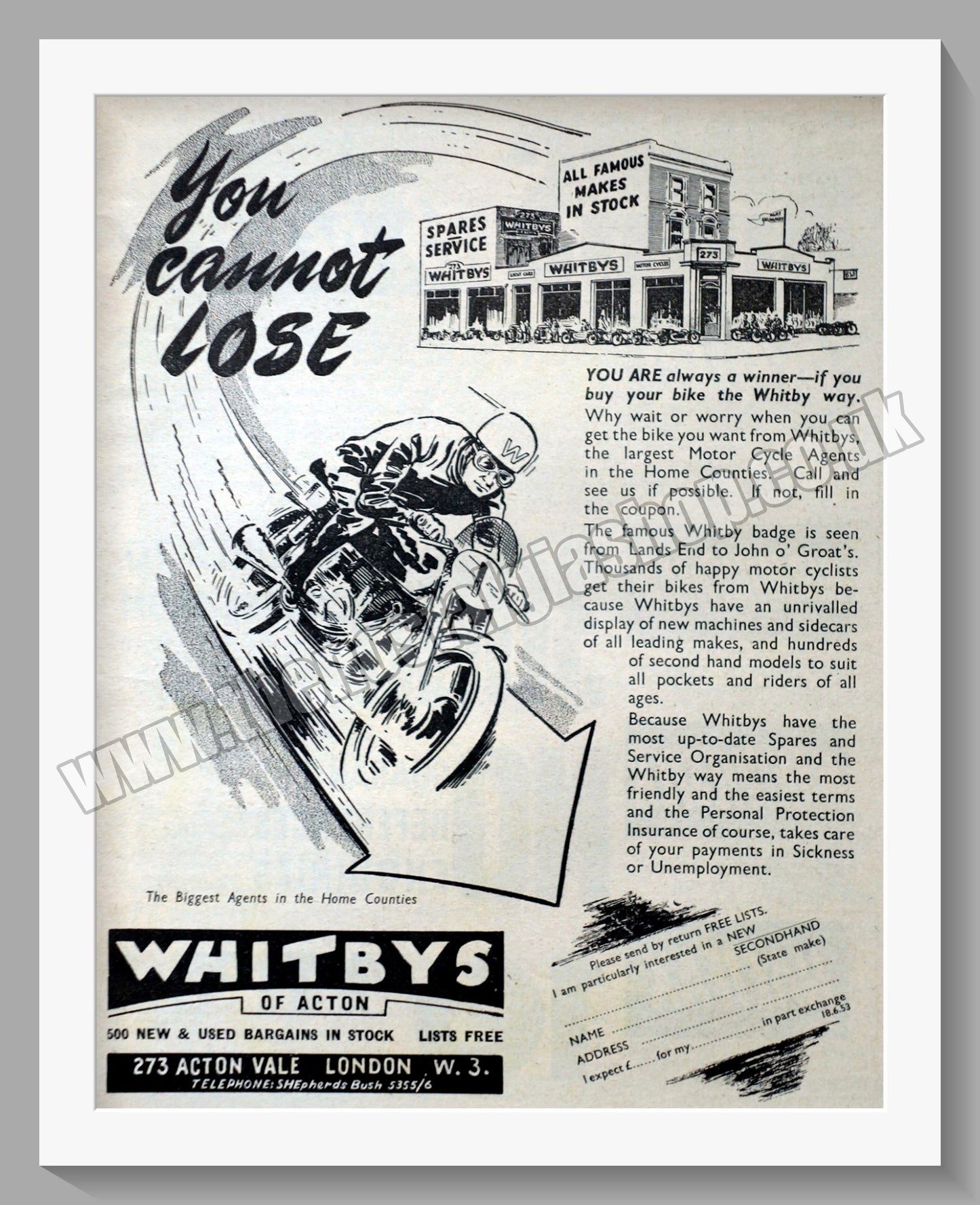 Whitbys Of Acton Motorcycle Dealer. Original Advert 1953 (ref AD57462)