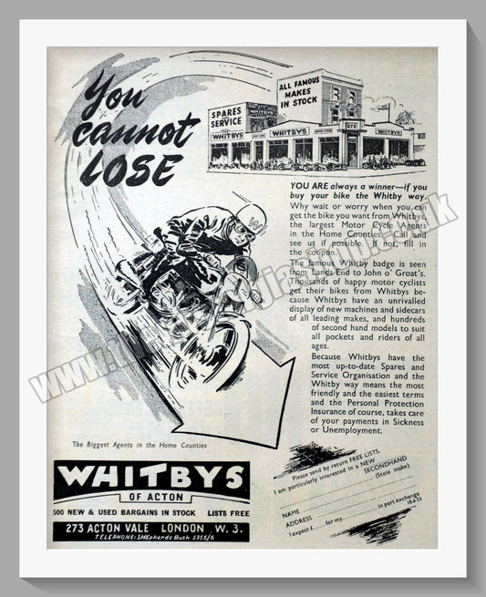 Whitbys Of Acton Motorcycle Dealer. Original Advert 1953 (ref AD57462)