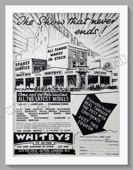 Whitbys Of Acton Motorcycle Dealer. Original Advert 1951 (ref AD57464)