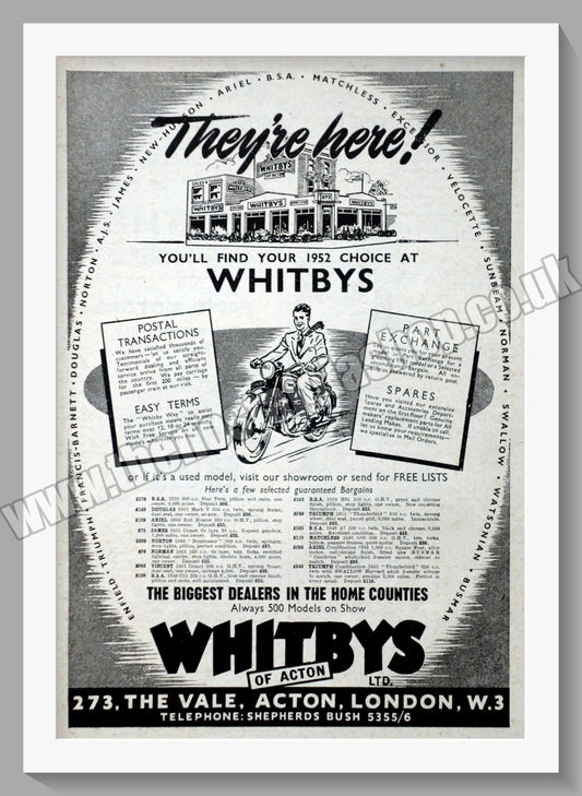 Whitbys Of Acton Motorcycle Dealer. Original Advert 1951 (ref AD57466)