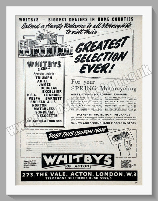 Whitbys Of Acton Motorcycle Dealer. Original Advert 1954 (ref AD57483)