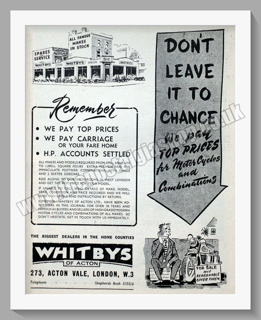Whitbys Of Acton Motorcycle Dealer. Original Advert 1951 (ref AD57484)