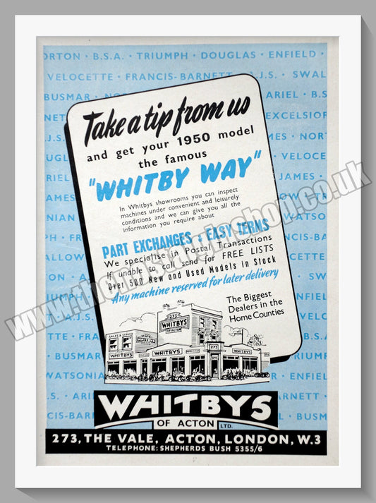 Whitbys Of Acton Motorcycle Dealer. Original Advert 1949 (ref AD57485)