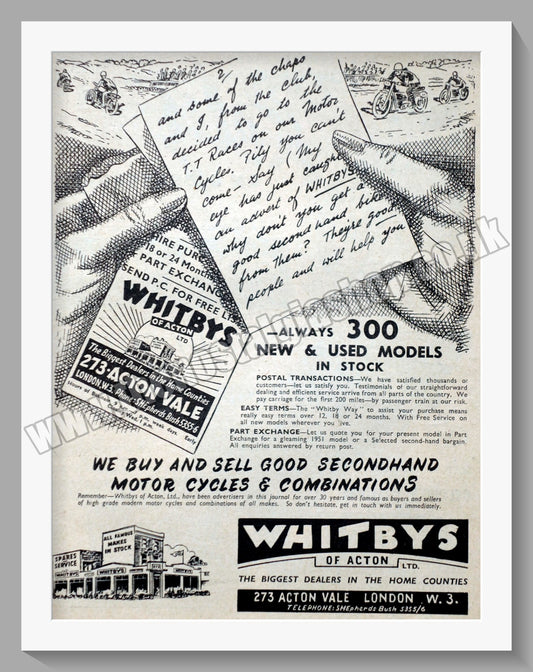 Whitbys Of Acton Motorcycle Dealer. Original Advert 1951 (ref AD57486)