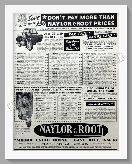 Naylor & Root Ltd Motorcycle Dealer. Original Advert 1956 (ref AD57505)