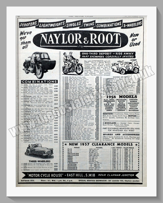 Naylor & Root Ltd Motorcycle Dealer. Original Advert 1957 (ref AD57521)