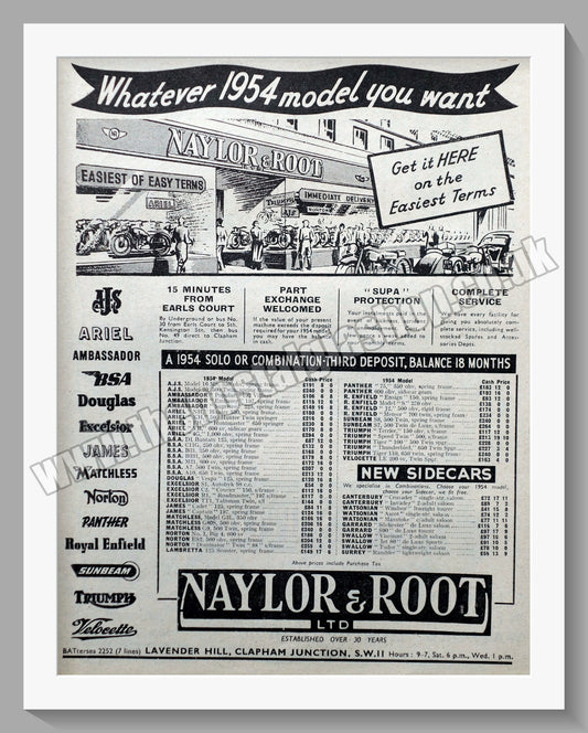Naylor & Root Motorcycle Dealers. Original Advert 1953 (ref AD6589)