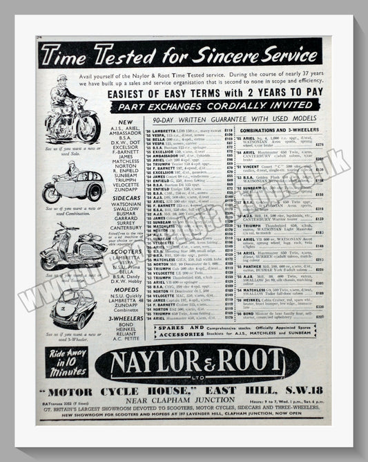 Naylor & Root Ltd Motorcycle Dealer. Original Advert 1957 (ref AD57529)
