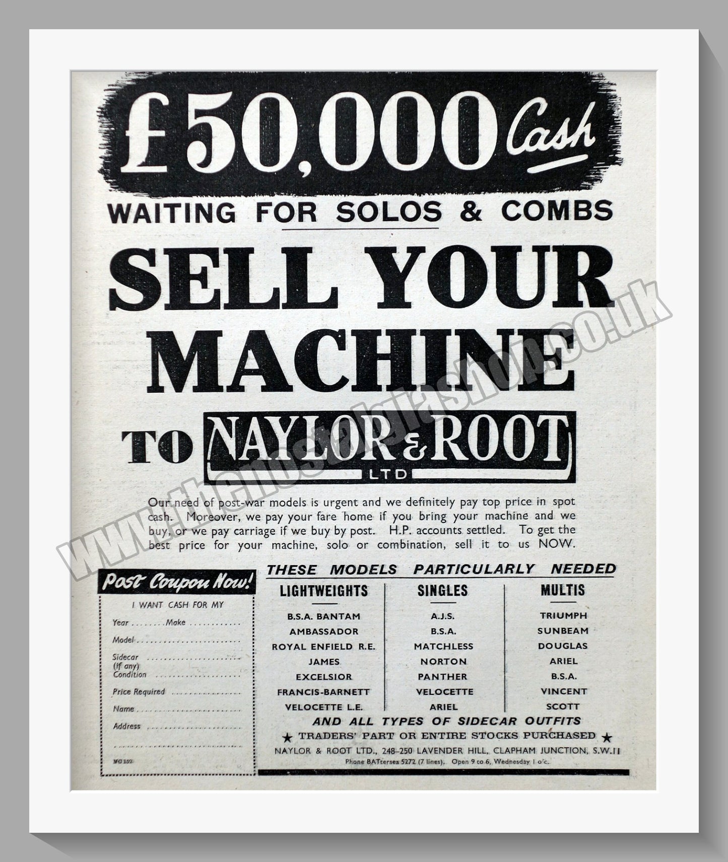 Naylor & Root Ltd Motorcycle Dealer. Original Advert 1951 (ref AD57531)