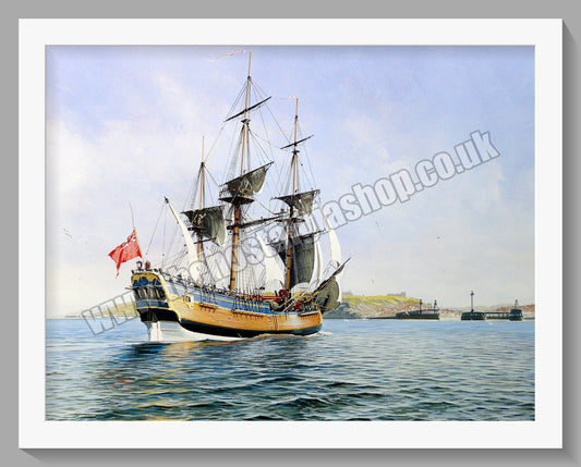 H.M. Bark Endeavour ship Entering Whitby. Large Mounted Maritime print
