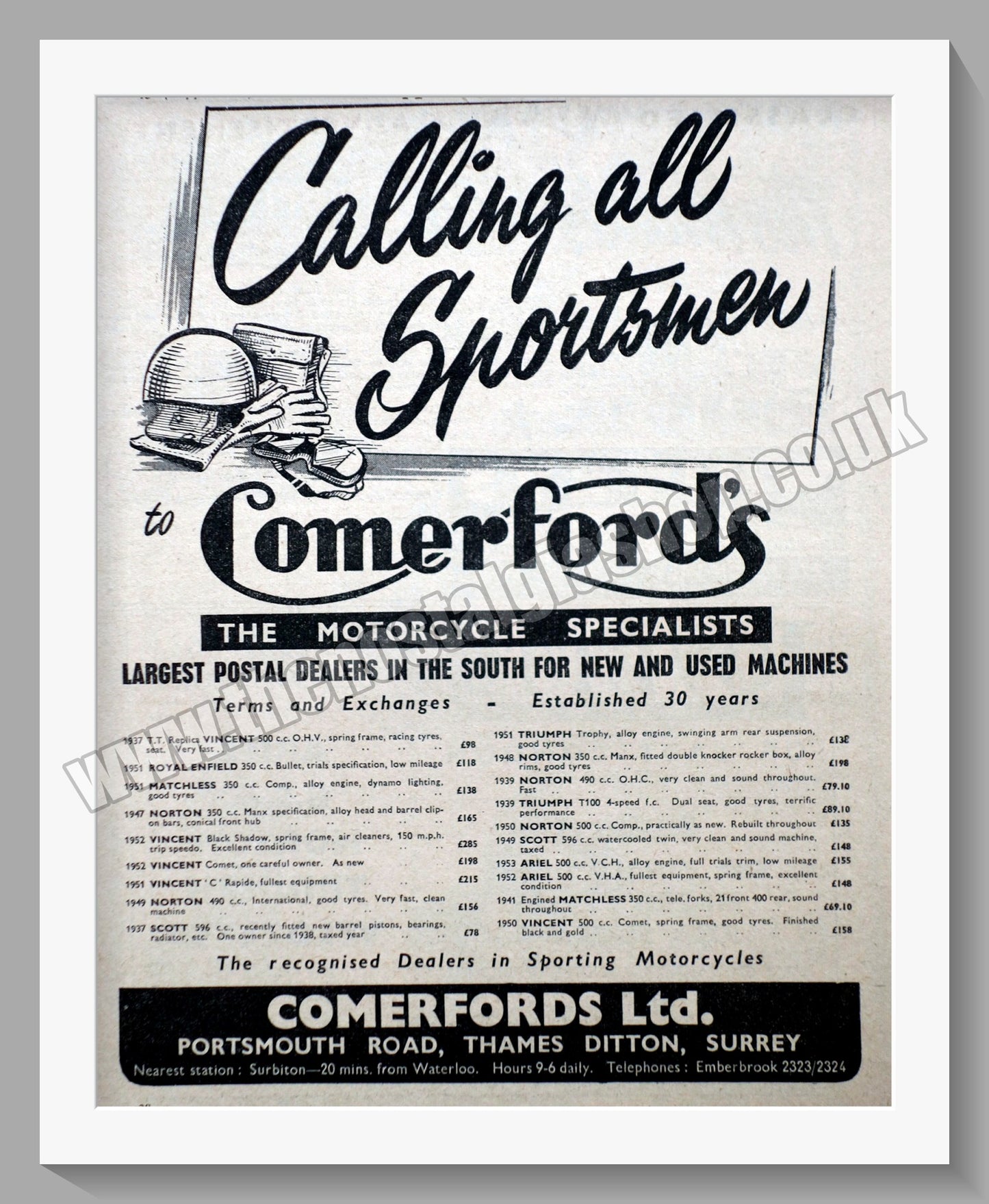 Comerford's Ltd Motorcycle Dealer. Original Advert 1953 (ref AD57538)