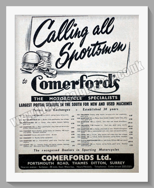 Comerford's Ltd Motorcycle Dealer. Original Advert 1953 (ref AD57538)