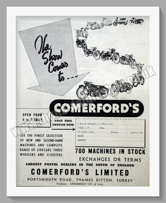 Comerford's Ltd Motorcycle Dealer. Original Advert 1955 (ref AD57540)