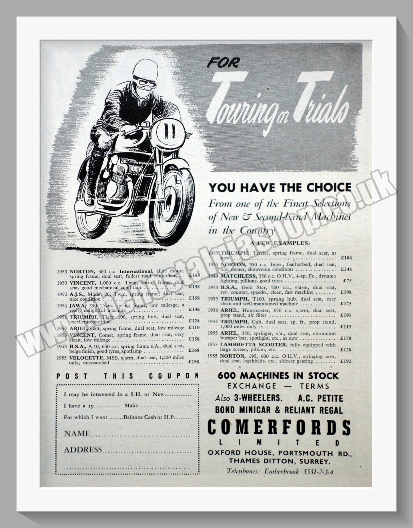 Comerford's Ltd Motorcycle Dealer. Original Advert 1955 (ref AD57541)