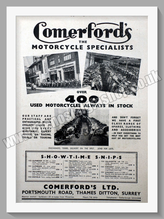 Comerford's Ltd Motorcycle Dealer. Original Advert 1951 (ref AD57543)
