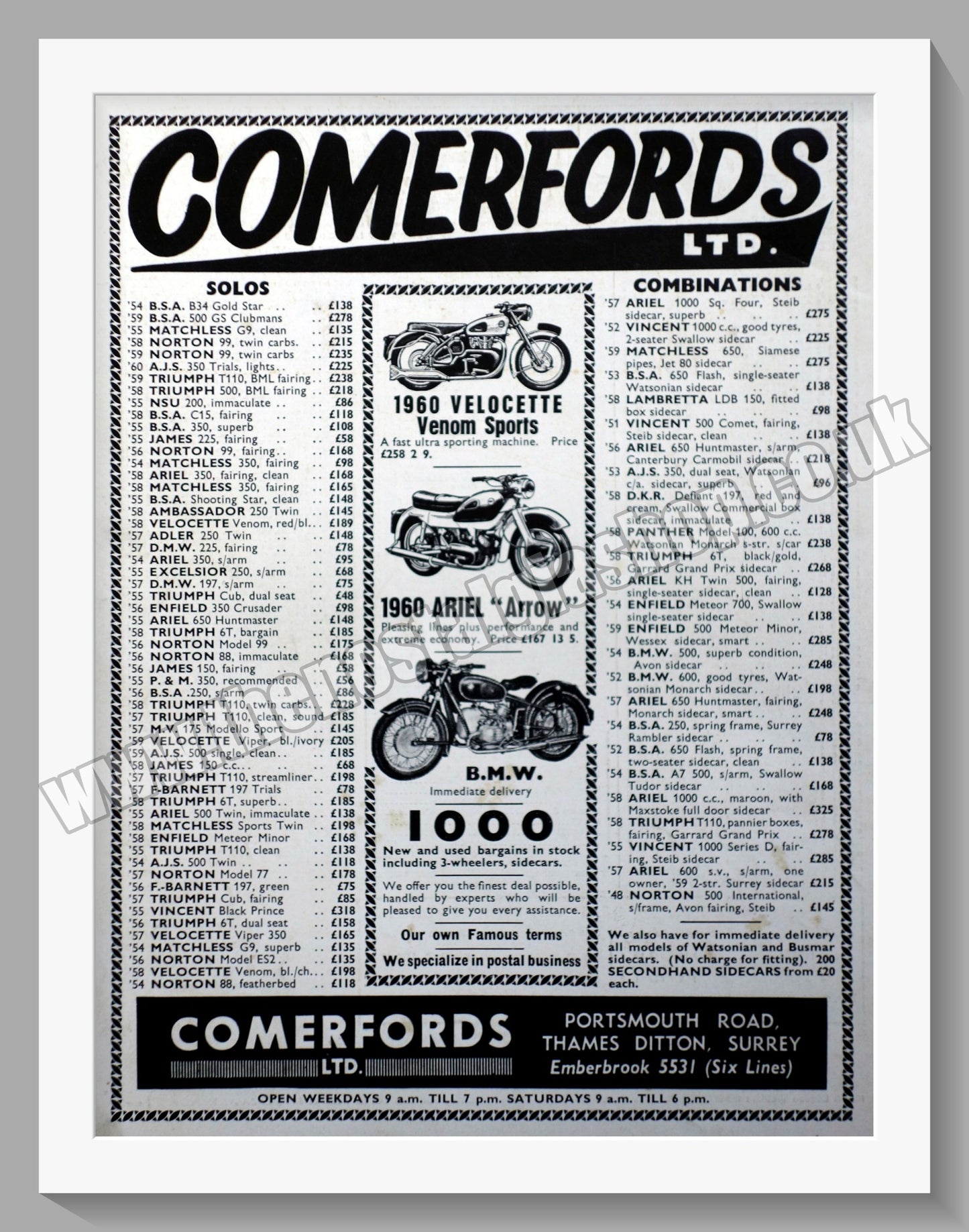 Comerford's Ltd Motorcycle Dealer. Original Advert 1960 (ref AD57550)