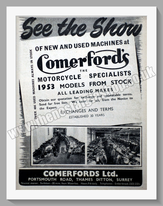 Comerford's Ltd Motorcycle Dealer. Original Advert 1952 (ref AD57551)