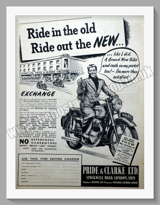 Pride & Clarke Ltd Motorcycle Dealers Original Advert 1953 (ref AD6593)