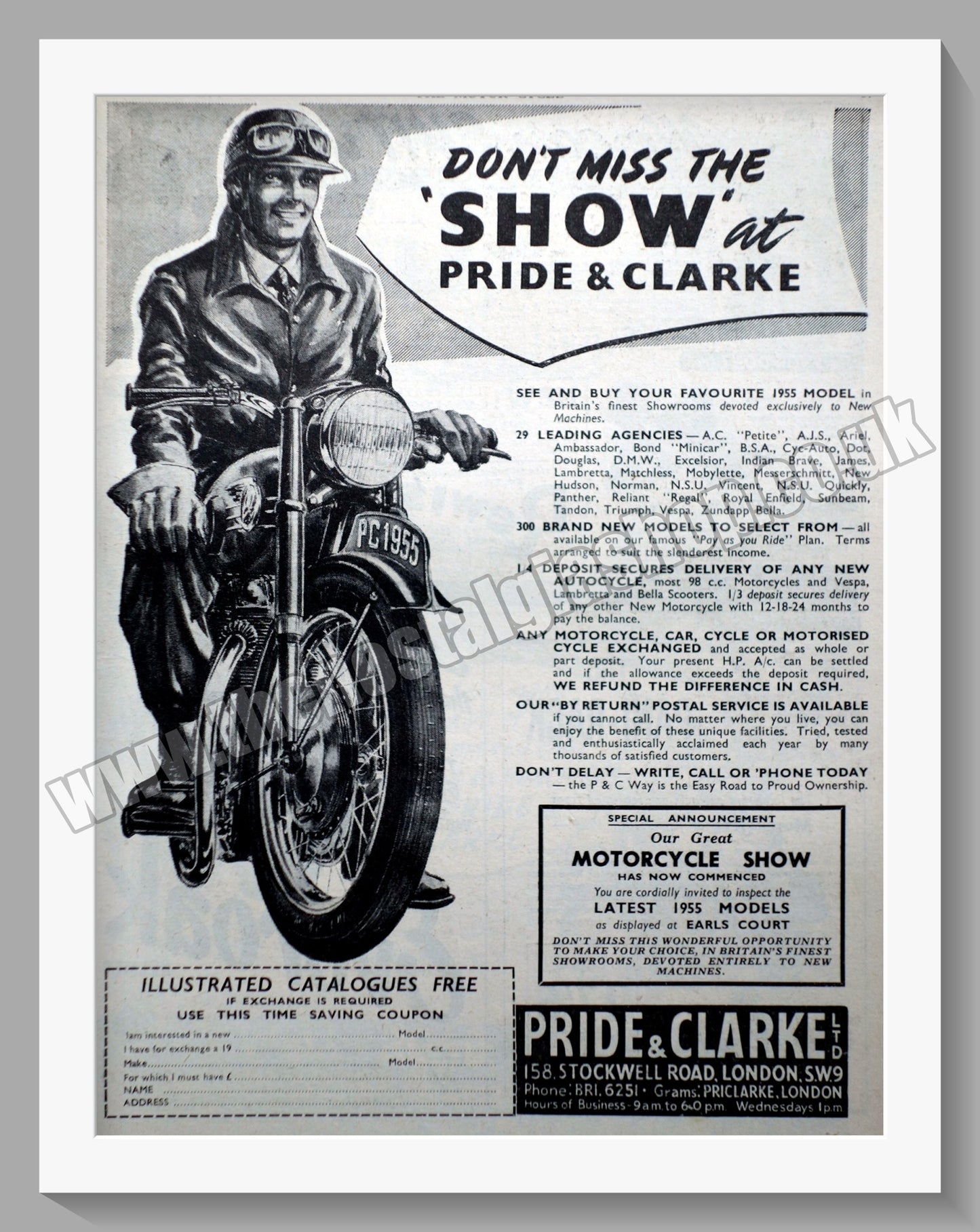Pride & Clarke Ltd Motorcycle Dealer. Original Advert 1954 (ref AD57557)
