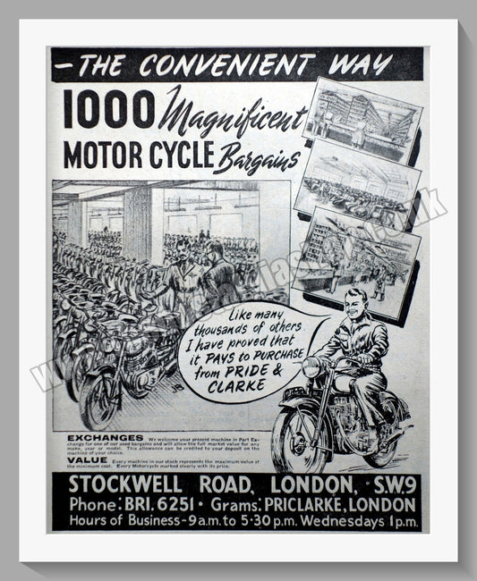 Pride & Clarke Ltd Motorcycle Dealer. Original Advert 1951 (ref AD57558)