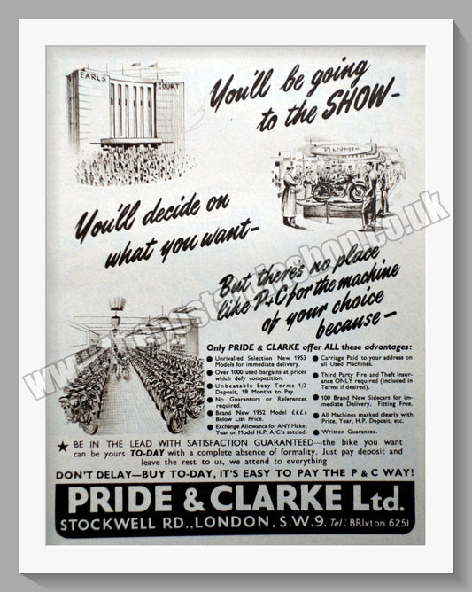 Pride & Clarke Ltd Motorcycle Dealer. Original Advert 1952 (ref AD57559)