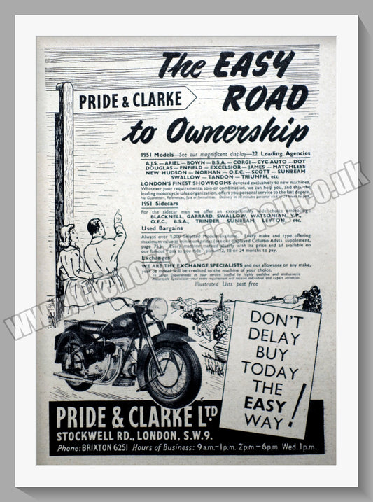 Pride & Clarke Ltd Motorcycle Dealer. Original Advert 1951 (ref AD57560)