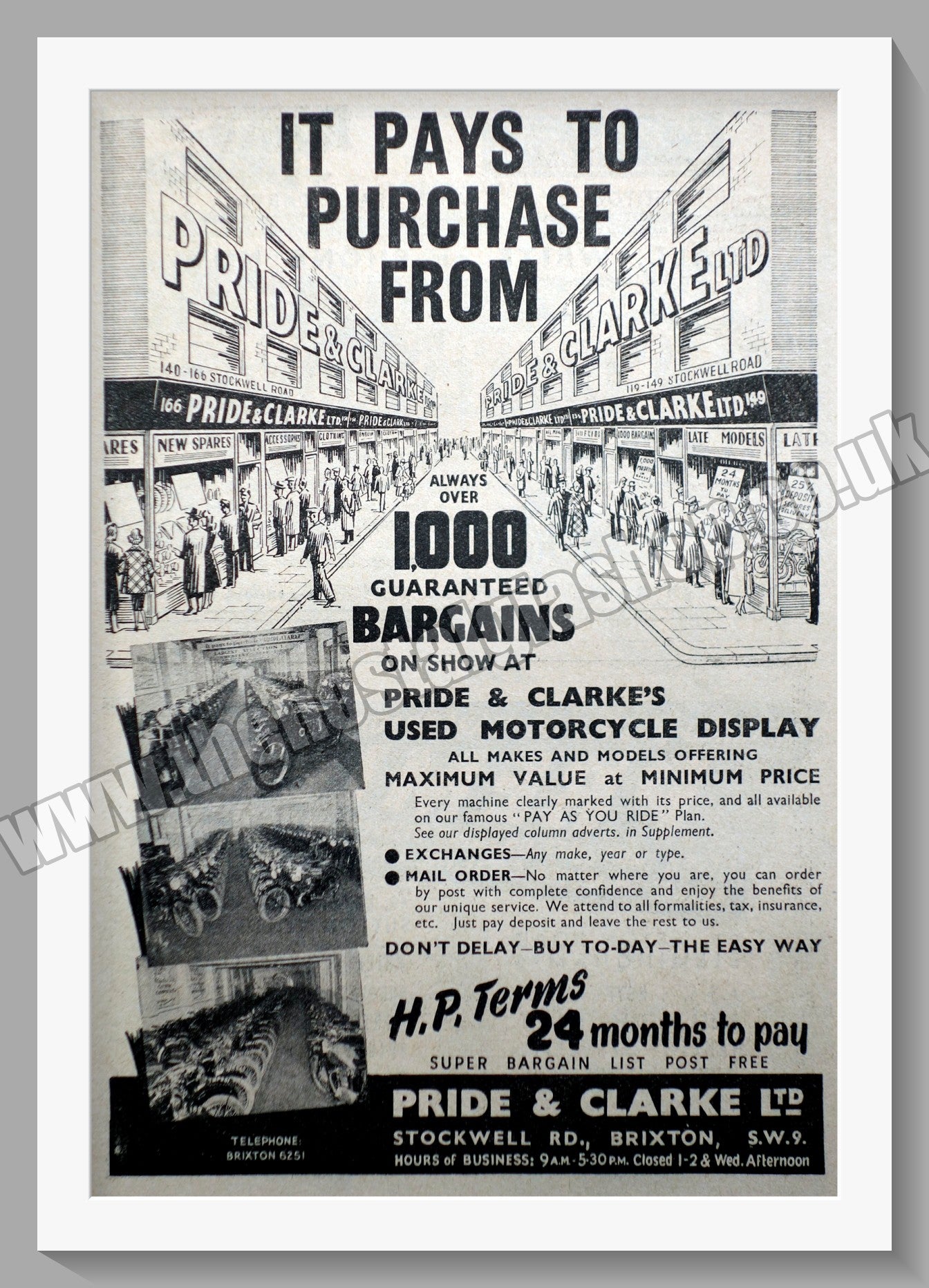Pride & Clarke Ltd Motorcycle Dealer. Original Advert 1951 (ref AD57561)