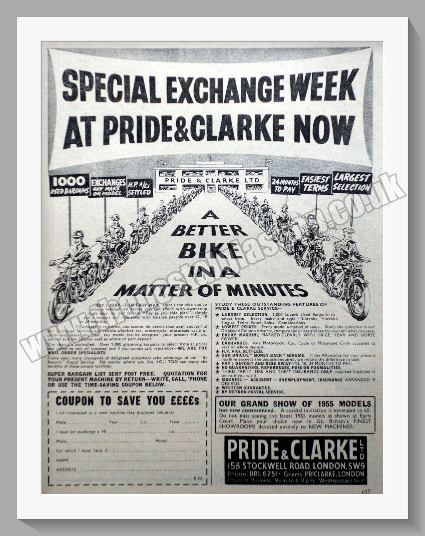 Pride & Clarke Ltd Motorcycle Dealer. Original Advert 1954 (ref AD57562)