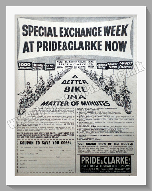 Pride & Clarke Ltd Motorcycle Dealer. Original Advert 1954 (ref AD57562)