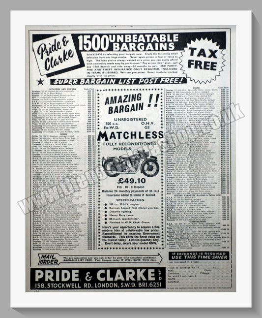 Pride & Clarke Ltd Motorcycle Dealer. Original Advert 1958 (ref AD57563)