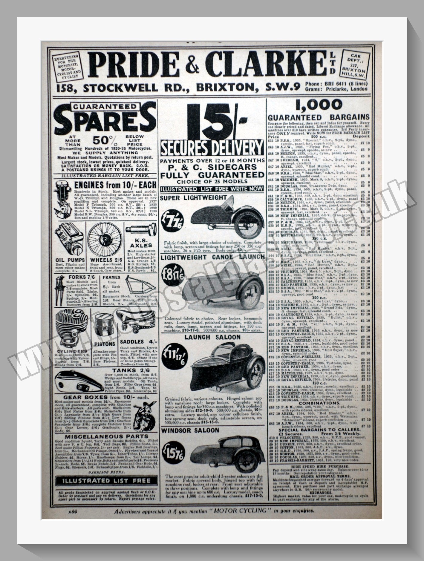 Pride & Clarke Ltd Motorcycle Dealer. Original Advert 1936 (ref AD57564)