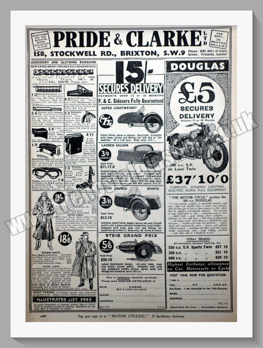 Pride & Clarke Ltd Motorcycle Dealer. Original Advert 1936 (ref AD57565)