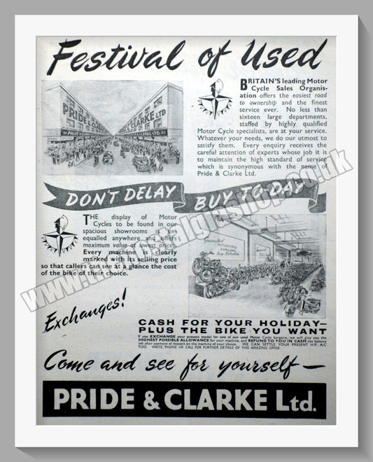 Pride & Clarke Ltd Motorcycle Dealer. Original Advert 1951 (ref AD57568)