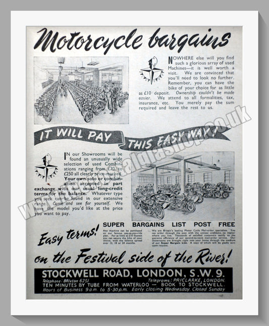 Pride & Clarke Ltd Motorcycle Dealer. Original Advert 1951 (ref AD57569)
