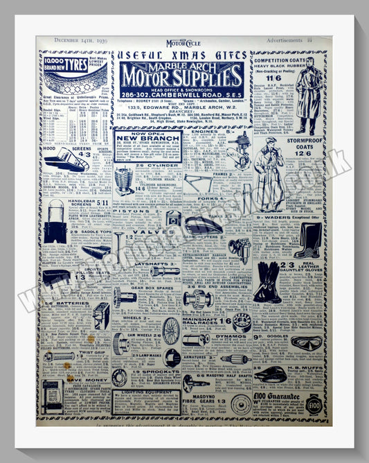 Marble Arch Motorcycle Dealer. Original Advert 1939 (ref AD57570)