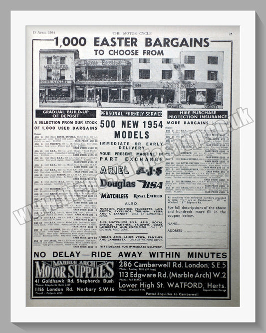 Marble Arch Motorcycle Dealer. Original Advert 1954 (ref AD57572)