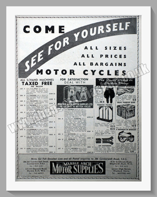 Marble Arch Motorcycle Dealer. Original Advert 1952 (ref AD57575)