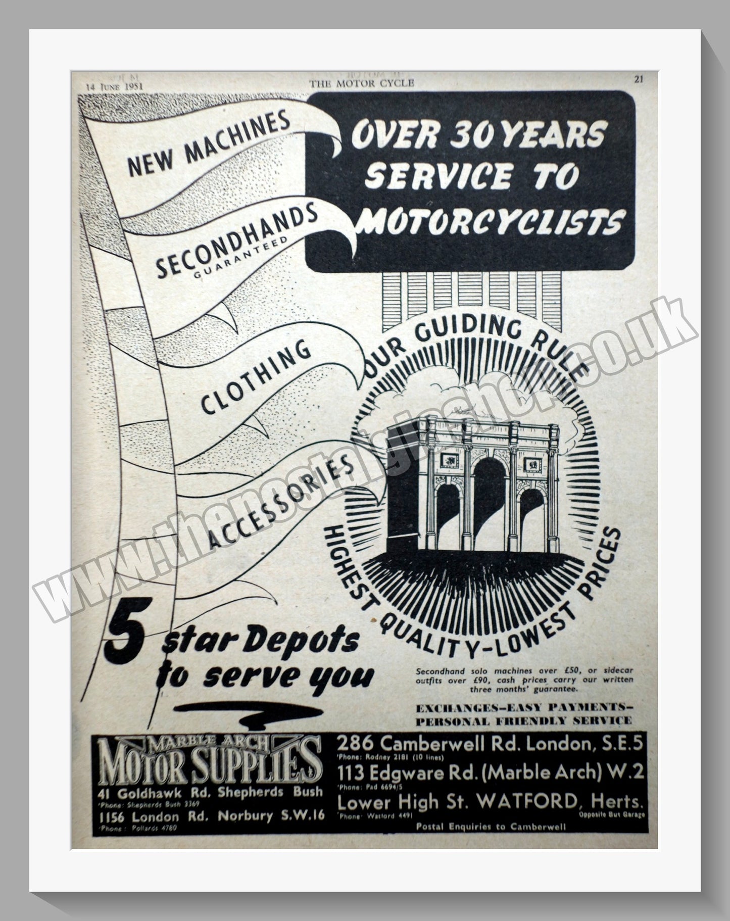 Marble Arch Motorcycle Dealer. Original Advert 1951 (ref AD57579)