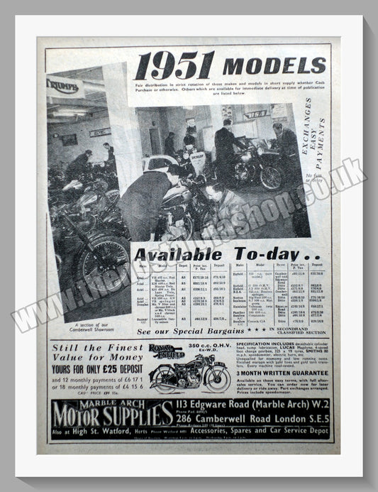 Marble Arch Motorcycle Dealers. Original Advert 1950 (ref AD6572)