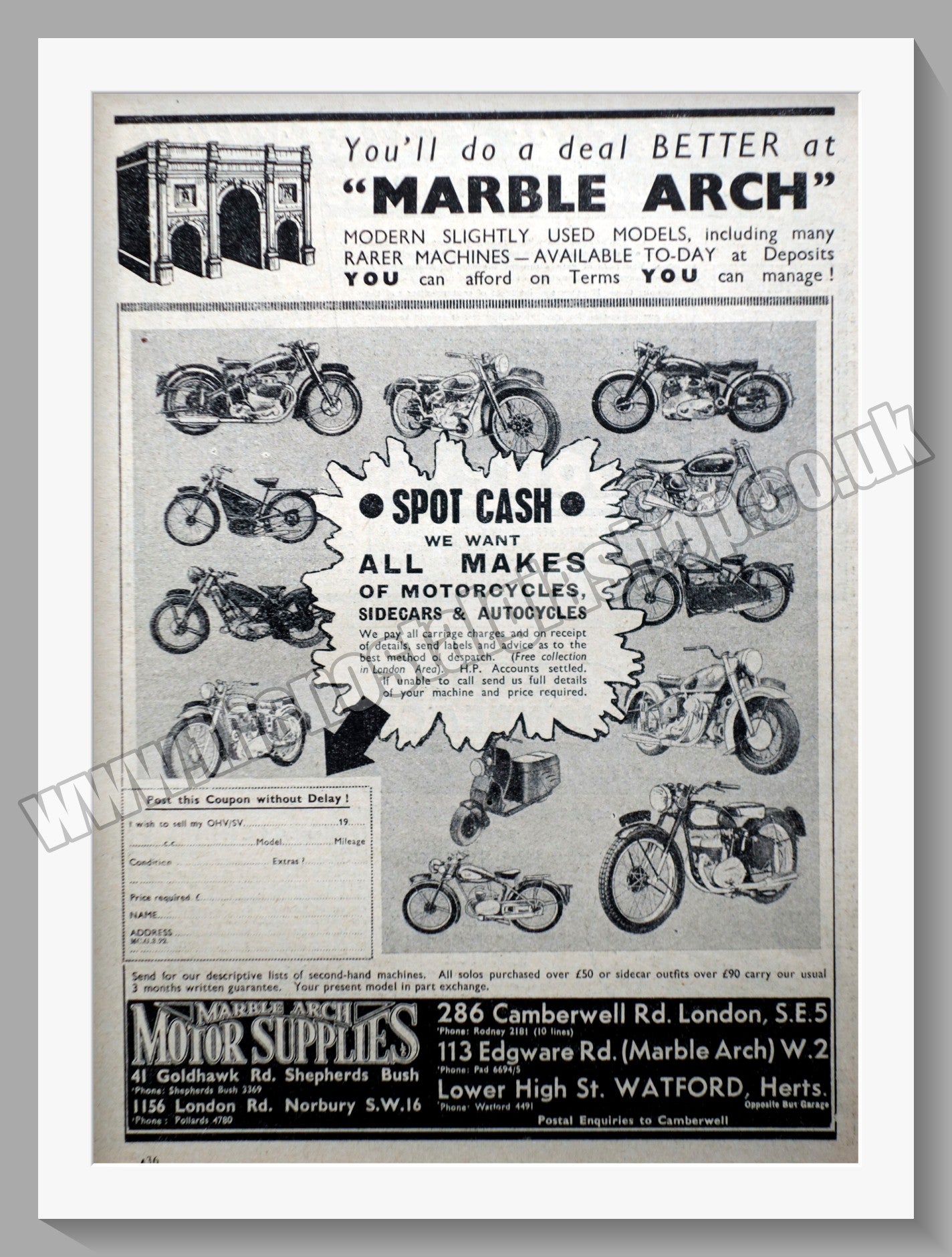 Marble Arch Motorcycle Dealer. Original Advert 1951 (ref AD57580)