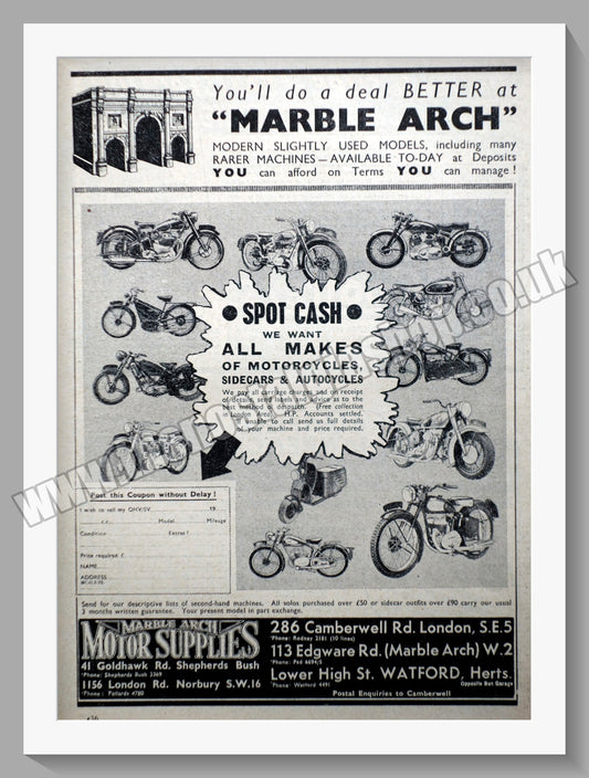 Marble Arch Motorcycle Dealer. Original Advert 1951 (ref AD57580)